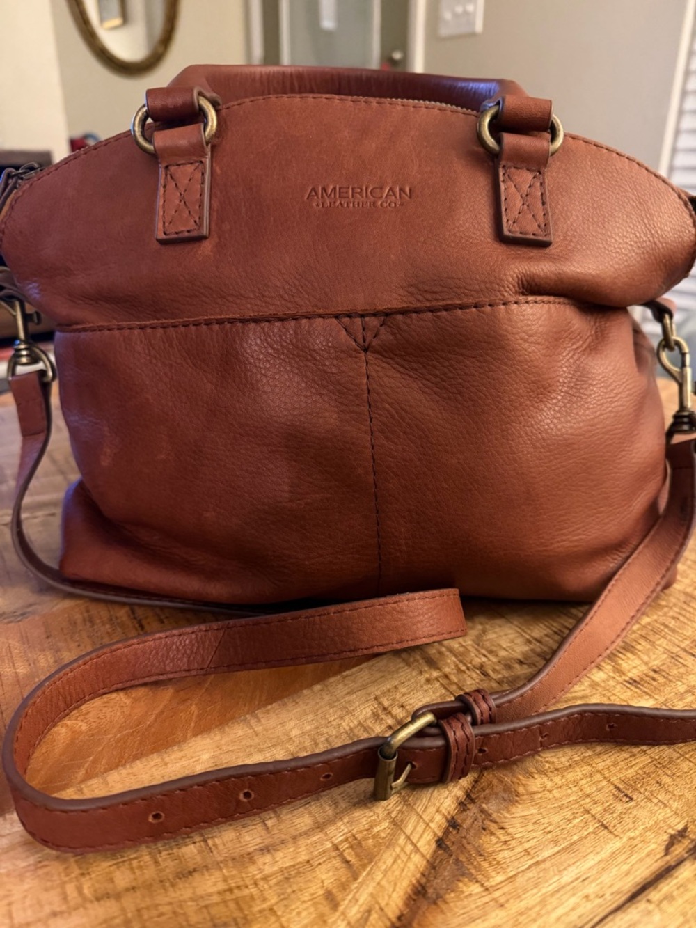 American Leather Co Carrie Dome Satchel Bag Brown purse 2 handle + strap